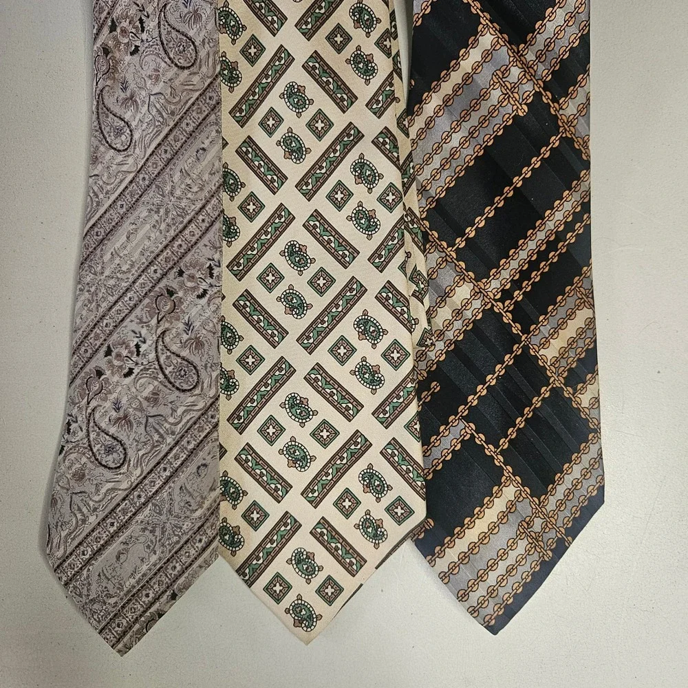 Jacques Fath Paris Mens Silk Tie Lot of 3 Vintage Paisley Geometric Chain France